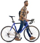 A man in glasses with a backpack walking with a bicycle - person png - miniature